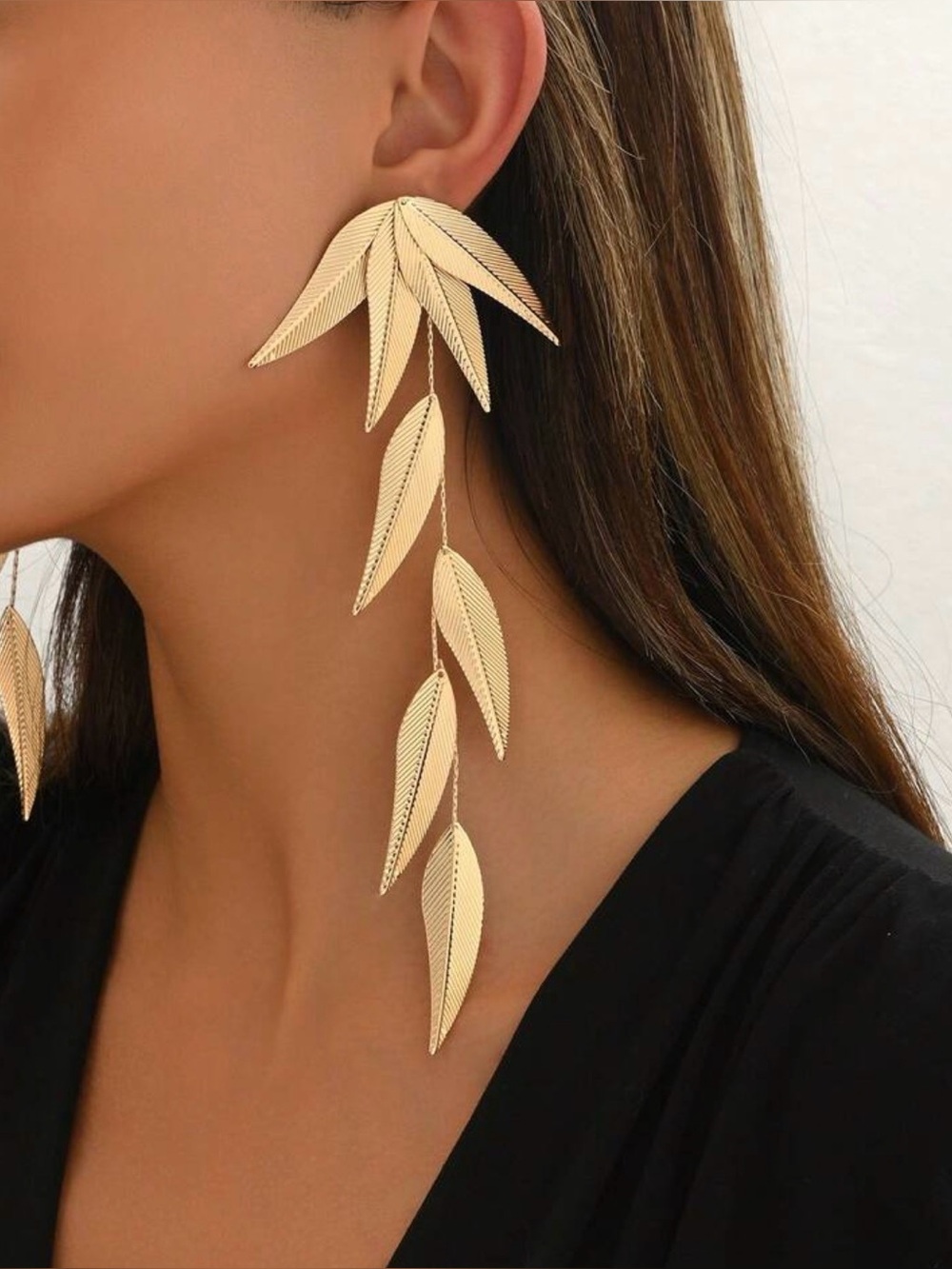 Gold Leaf Drop Statement Earrings - Gold